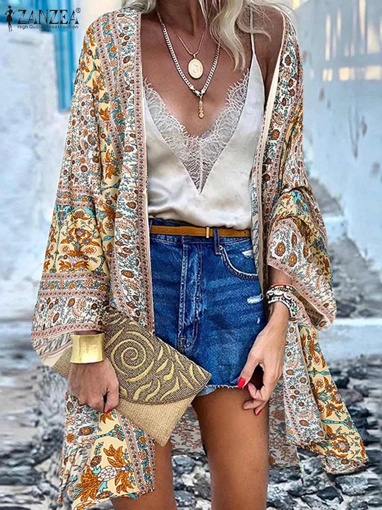 ZANZEA Women Cardigan Summer Open Front Bohemian Floral Printed Blouse Kimono Casual Loose Beach Tops Vintage Long Sleeve Blusas