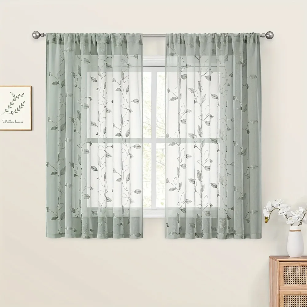 2PCS Semi-Transparent Embroidered Leaf Window Thin Curtain Through-shaft Type Washable Tulle Curtains Modern Style Soft