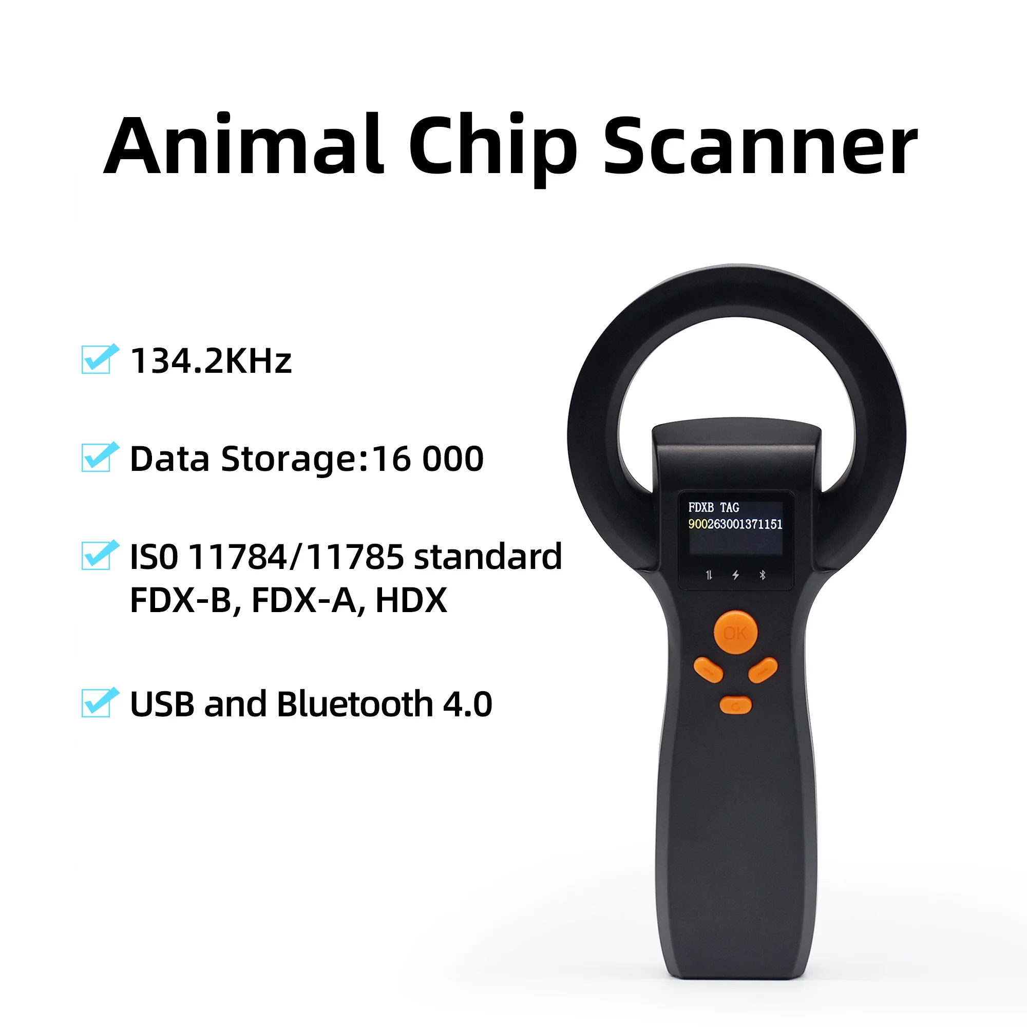 

134.2khz /125khz Animal Chip Reader Handheld Pet Scanner USB Port ISO11784/11785 FDX-B/FDX-A/HDX Readr for Microchip Tag