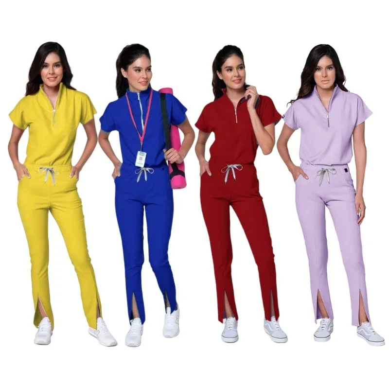 

Women's Short Sleeve Scrub Set, Summer Medical Uniform Pure Color Casual Nurse Outfit