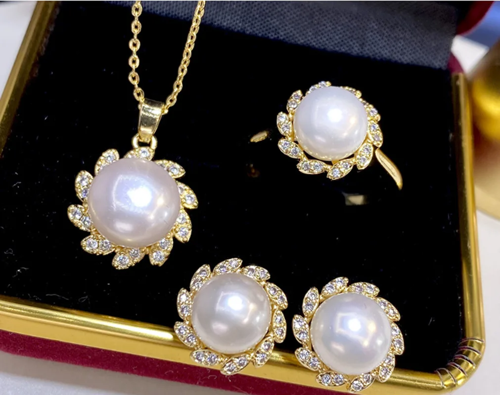 

18KGP Natural 8-9mm White Freshwater Pearl Crystal Necklace Ring Earring Set j3