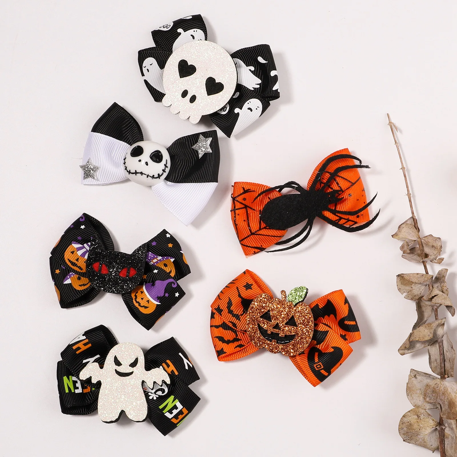 

60pc/lot Halloween Barrettes Pumpkin Skeleton Skull Prints Ribbon Bow Hair Clips Girls Glitter Bow Hairpins Halloween Headwear