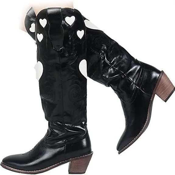Fashion Love Heart Chunky Heel Women's Knee High Boots  Embroidered Slip-On Western Boots