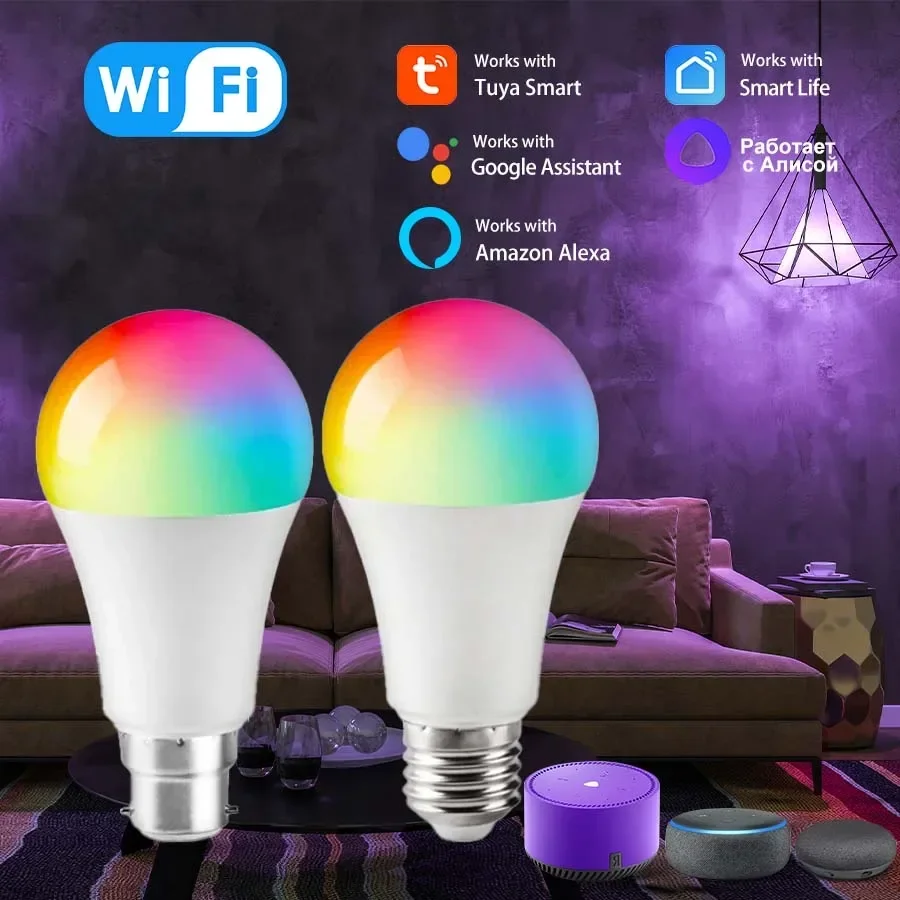 E27 B22 Wifi Led Light Bulb 85-265V Tuya Smart Life Bluetooth App RGB Lamp 15W Alexa Google Alice Voice Spotlight Bombilla