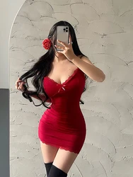 Sexy Summer Mini Dress Women Lace Red Camisole Sundress Sleeveless V-Neck Basic Bodycon Dresses Lady Club Party Y2k Clothes