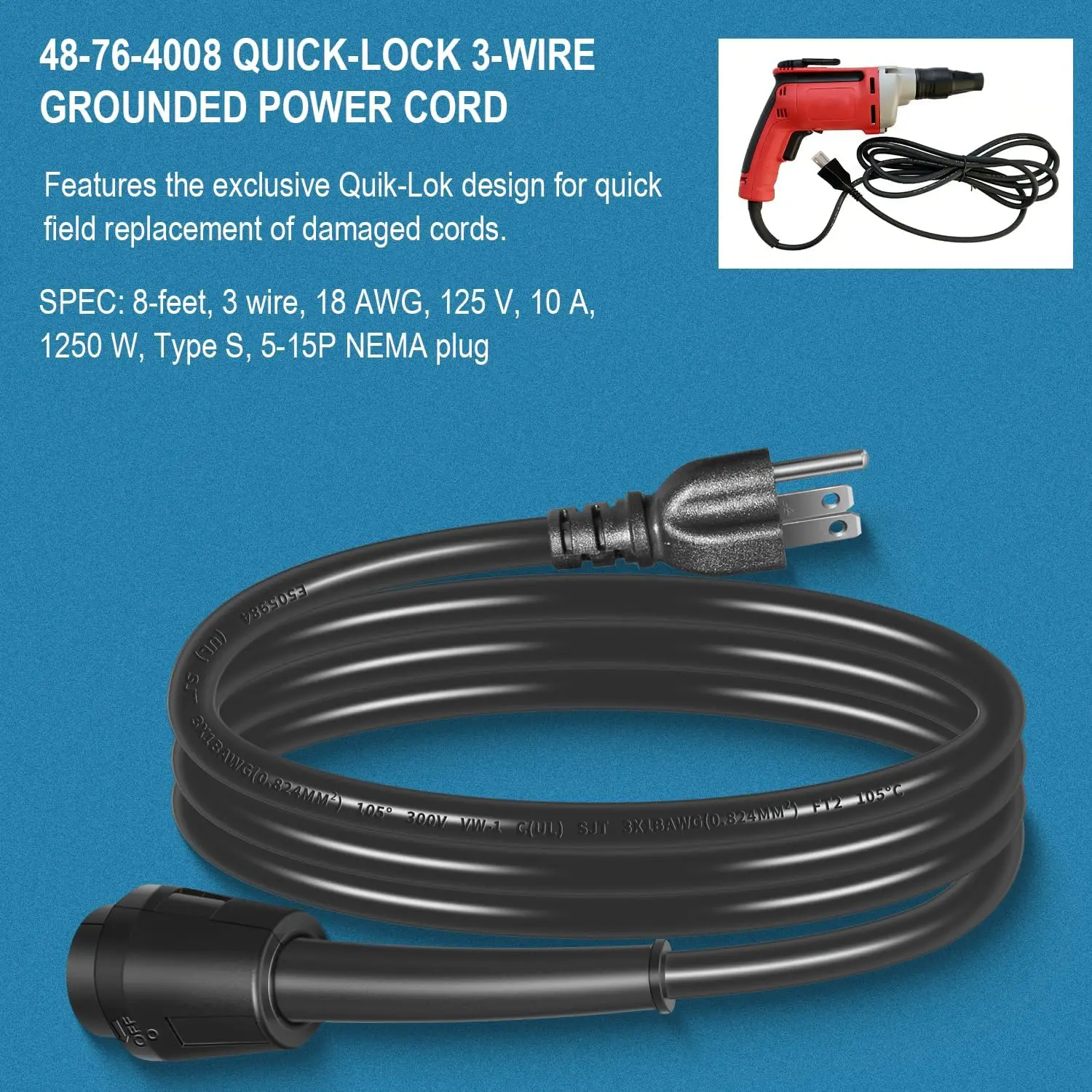 ANX 48-76-4008 8FT Quick-Lok-Kabel für Milwaukee-Bohrmaschinen und Sägen, 18AWG 125V 10A NEMA5-15P geerdetes Hochleistungskabel – Detail 5