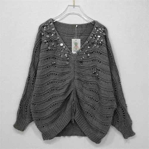 빈티지 수제 꽃무늬 여름 스웨터, 속이 비치는 니트 롱 스웨터, 브이넥 루즈핏 스웨터, 숄더 태슬 장식