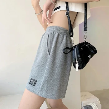 여성용 와플 핫팬츠, 스포츠 반바지, 홈웨어 하의, 단색 탄성 포켓, 캐주얼 하이 웨이스트, 루즈, 신상 