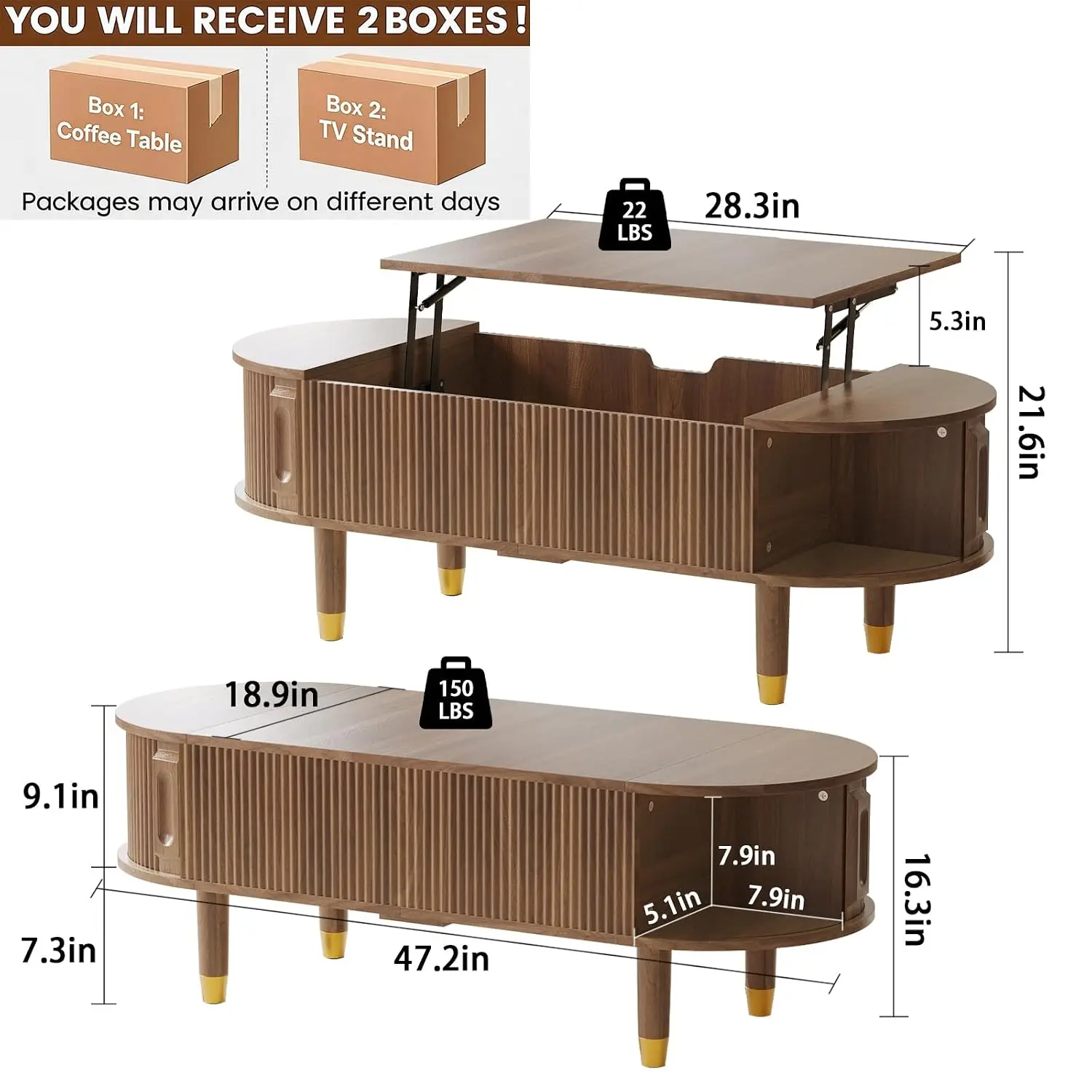 Lift Top Coffee Table & TV Stand Set With Storage For Living Room Bedroom Home Office, Walnut, Customized