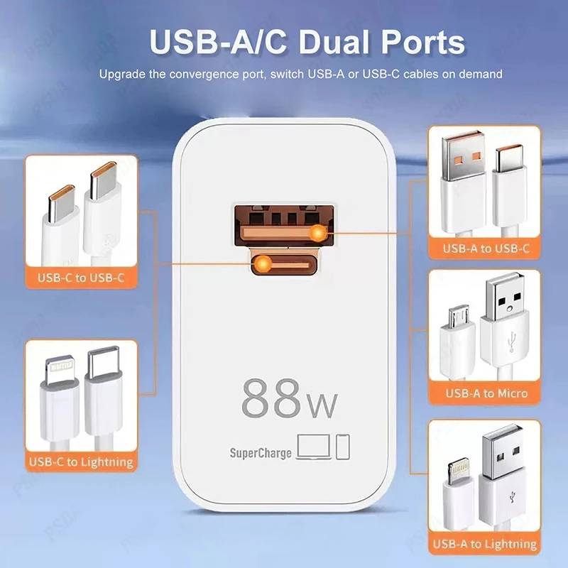 For Huawei Universal Fast Charger Max 88W SuperCharge Support PD QC Quick Charge For Mate60 Pro+ P50 Pro EU US UK Plug And Cable