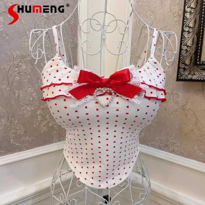 

Japanese Lolita Style Sweet Soft Girl Bow Full Print Heart Ruffle Slings Slimming Crop Top With Chest Pad Camisole For Ladies