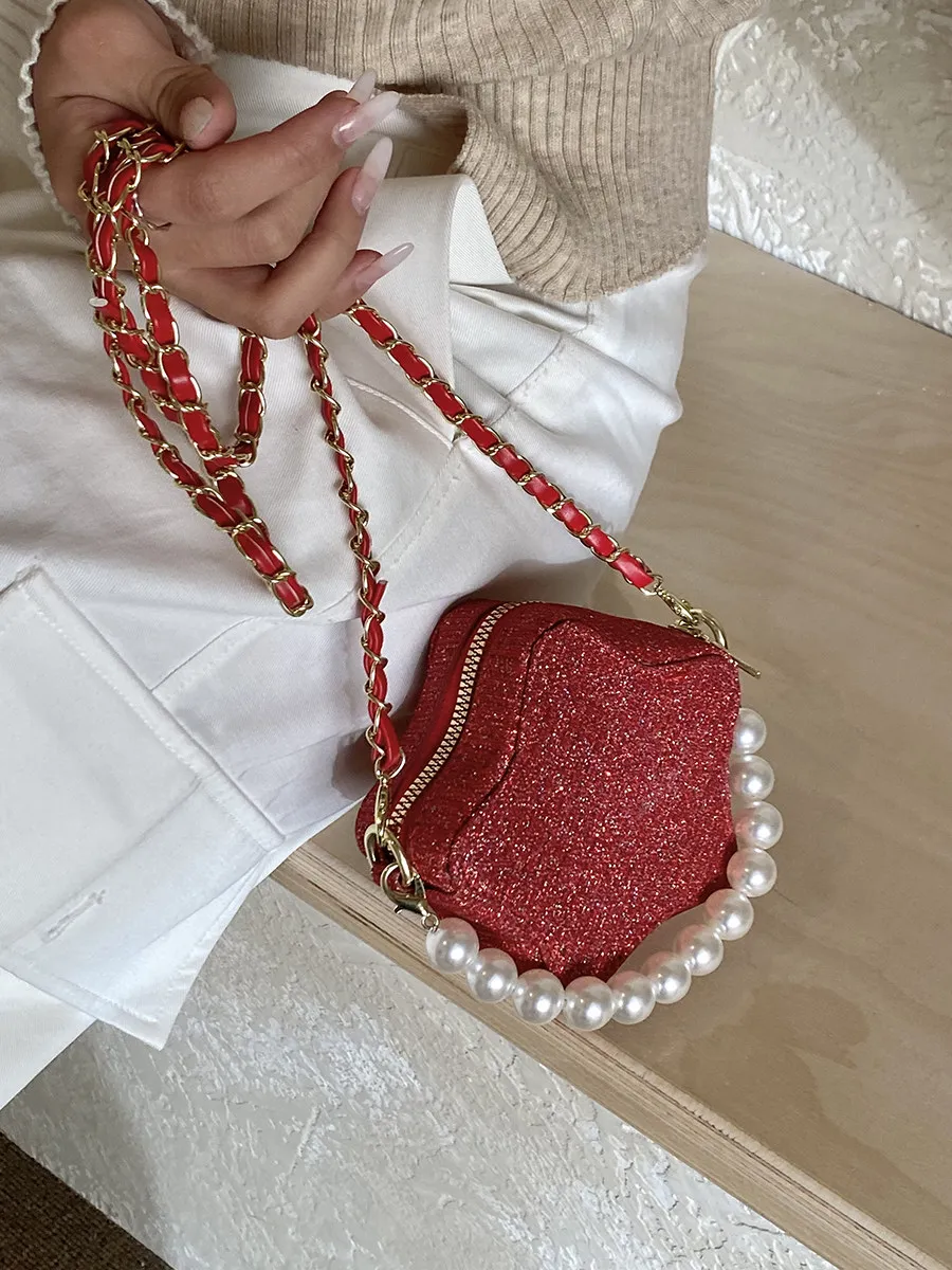 

Легкие роскошные текстурированные красные мини-сумки кросс-боди для женщин: модные, изысканные, с жемчужными цепочками, на одно плечо, элегантные женские сумки для помады