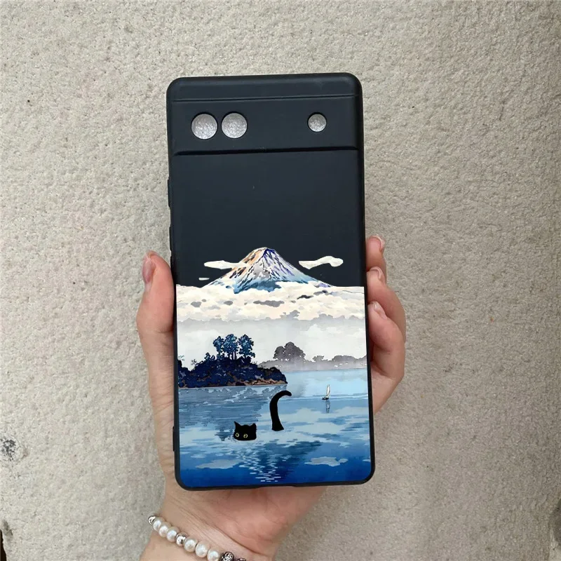 Japanese Aesthetic Black Cat Landscape Phone Case For Google Pixel 8Pro 9Pro 6 7 6A 7A Scenery Soft Silicone Cover For Google 8A
