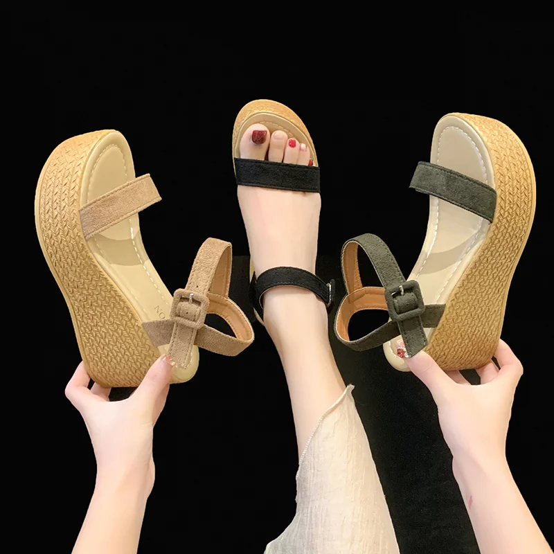 New Summer Style Fashionable Comfortable Wear-resistant Platform Wedge Platform Sandals Platform Solid Color Suede Women