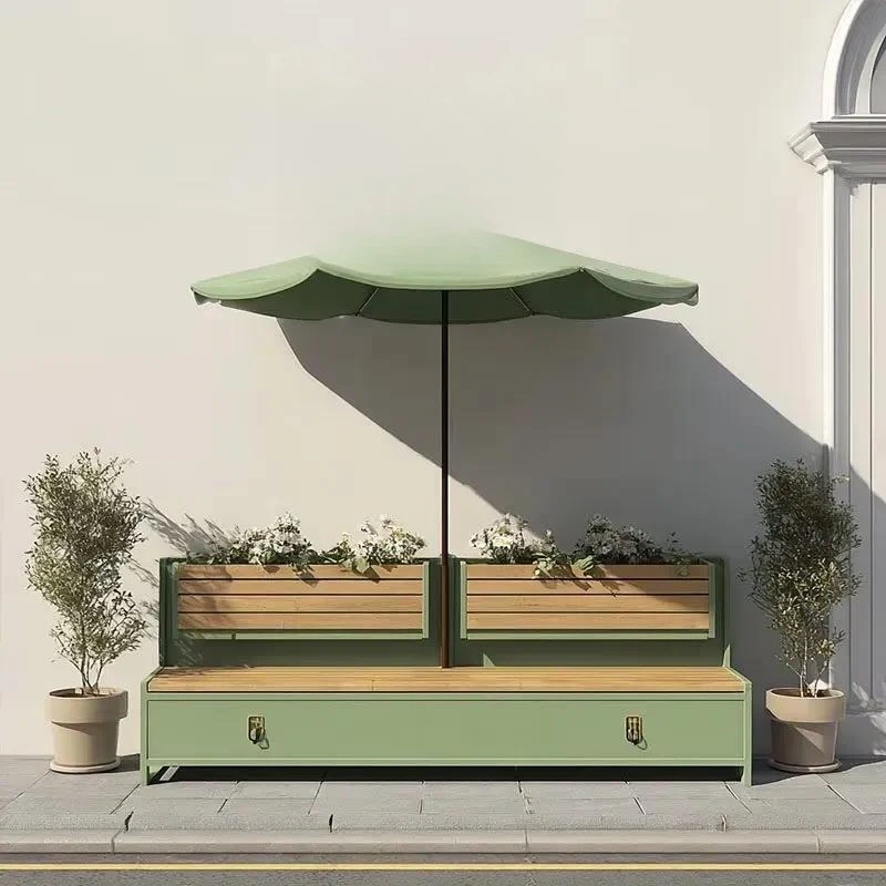 Square Outdoor Flower Box Bench Integrated Planter Seat for Public Leisure Commercial Street Courtyard Garden Furniture