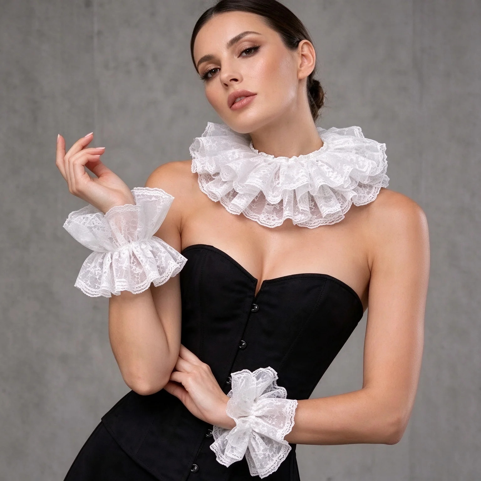 Ladies Double Layer White Lace Detachable Cuffs And Collar Set Elastic Rimmed Clown Sleeve Scarf Party Accessory Ensemble