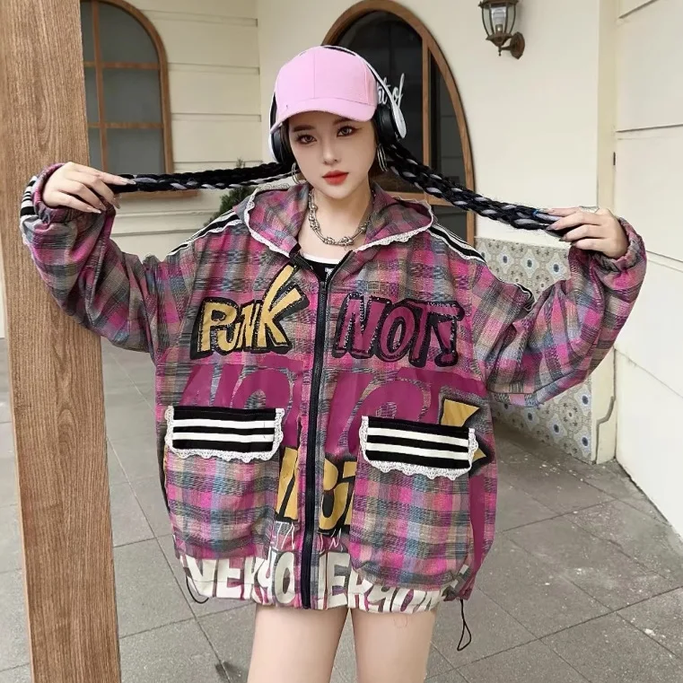Cartoon Plaid Hooded Jacket Women 2025 Autumn New Loose Mid-Length Color Block Sun Protection Jacket Women's Fashion Hoodies