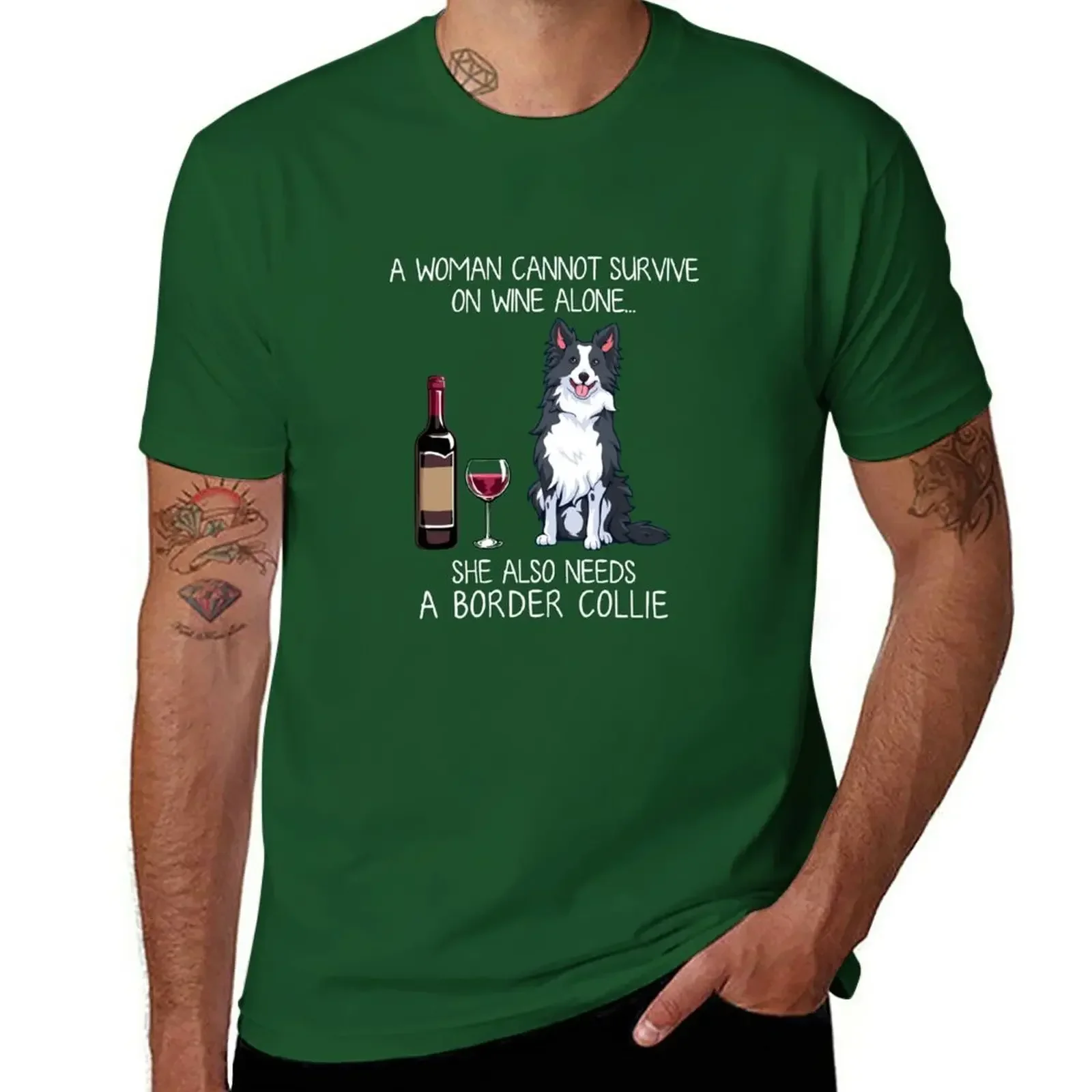 Border Collie and wine Funny dog T-Shirt vintage blanks boys animal print t shirts for men graphic Short Sleeve Round Collar