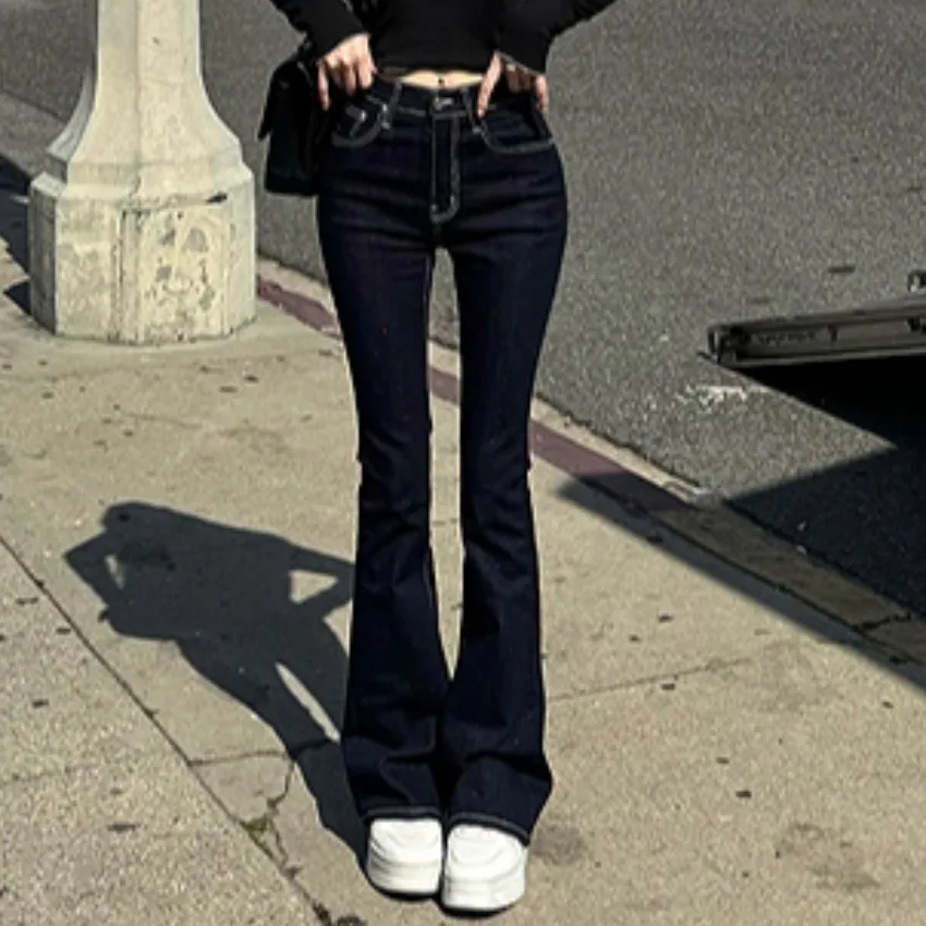 Slim Fit Bell Bot Jeans Women's Long Trousers Korean Sle Simple Stitching Butt Enhancing Cotton Stretch Denim