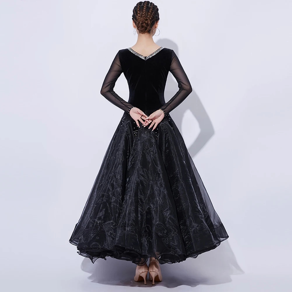 Novo estilo vestido valsa padrão vestido de baile manga longa vestido de dança feminino vinho vermelho preto desempenho