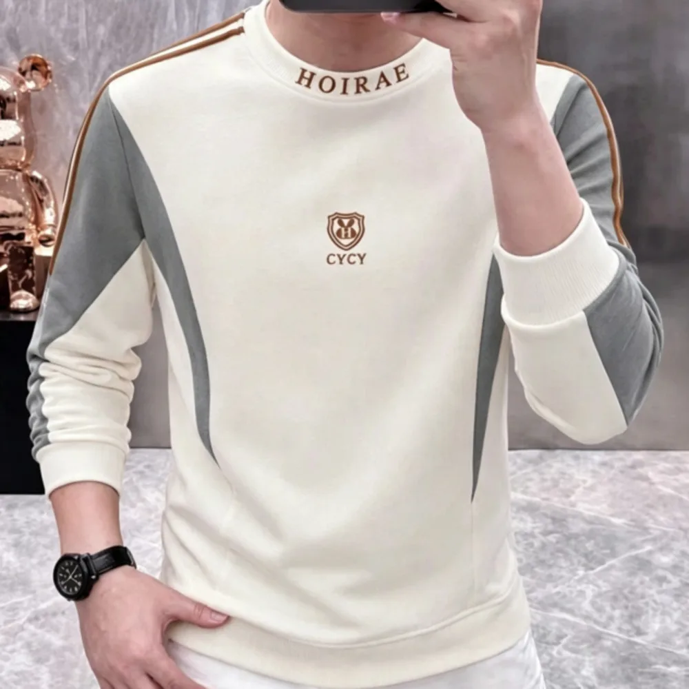 Camisola de gola redonda, modelo pullover, para homem, com capuz, de alta qualidade, com detalhes em patchwork, camiseta casual para homem, estilo mod