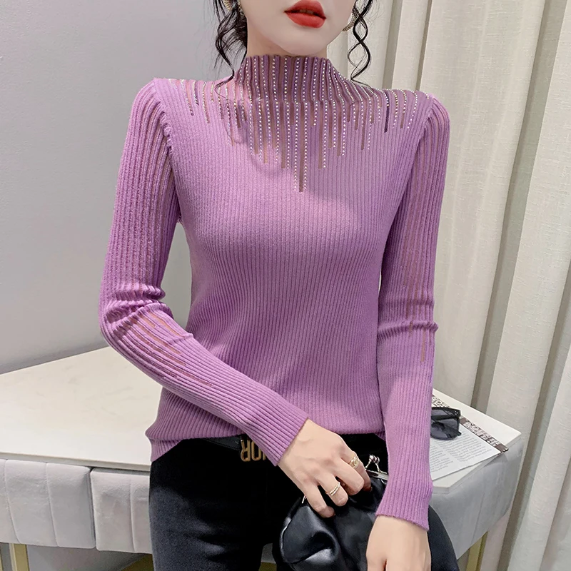 #4324 Knitted Sweater Women Solid Color Sexy Split Joint Mesh Diamonds Half High Collar Skinny Knitwear Pullover Ladies Elastic