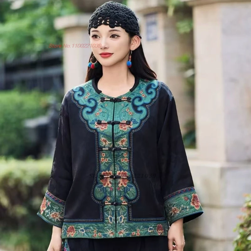 

2025 national flower embroidery vintage coat chinese improved hanfu tops traditional o-neck jacket satin jacquard ethnic coat