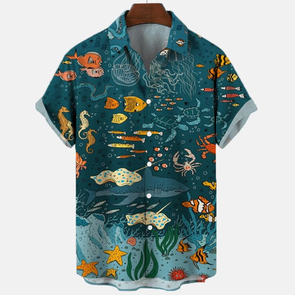 Camisas hawaianas holgadas 3d para hombre, pantalón corto informal, Tops de manga, animales marinos, caballito de mar, pescado, verano 2022