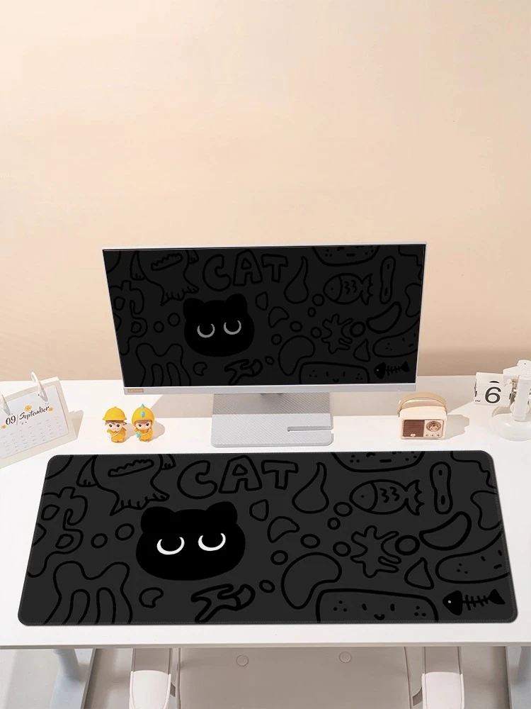 

Cartoon little black cat mouse pad girl cute oversized desk laptop table mat dirt-resistant keyboard pad