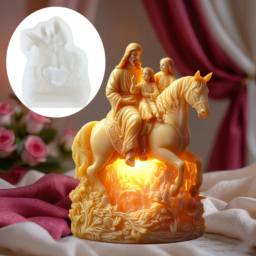 Molde de Silicone para Vela de Jesus Menino Montando Cavalo, Presente de Páscoa, Molde de Resina de Jesus e Anjo Montando, Molde de Gesso de Jesus e Menina Montando