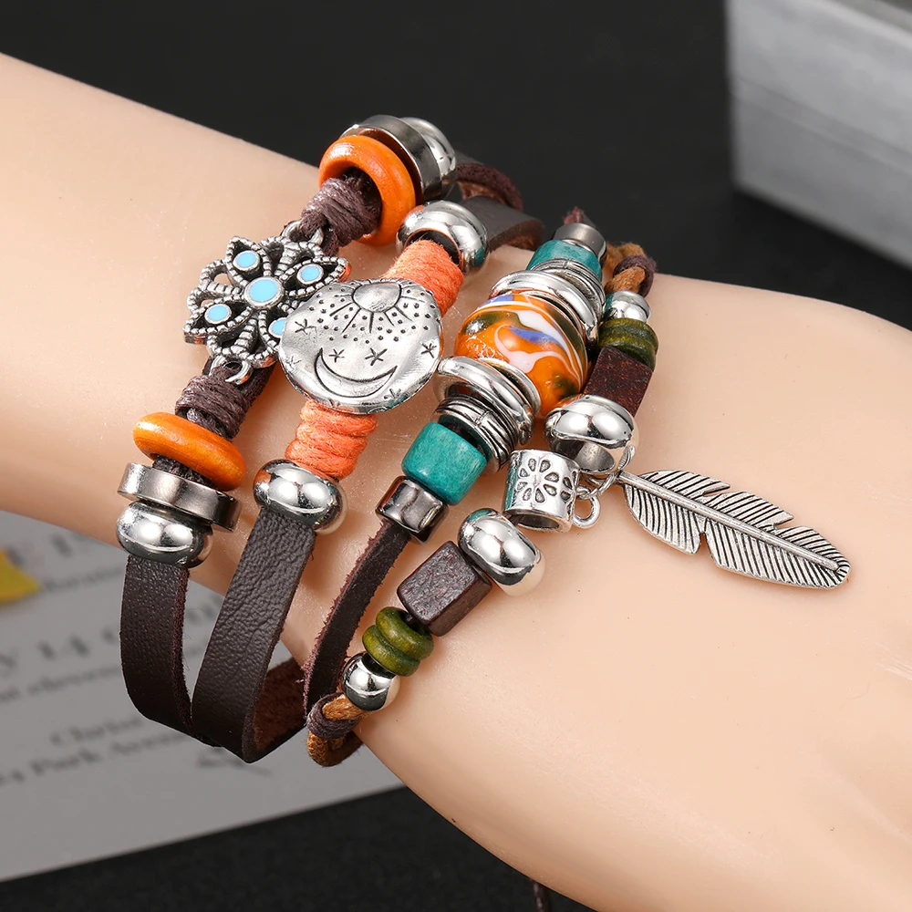 Vinatge Gothic Punk Moon Star Metal Multilayer Leather Bracelet Men Leaf Bracelets & Bangles Male Arm Sun Jewelry Wholesale