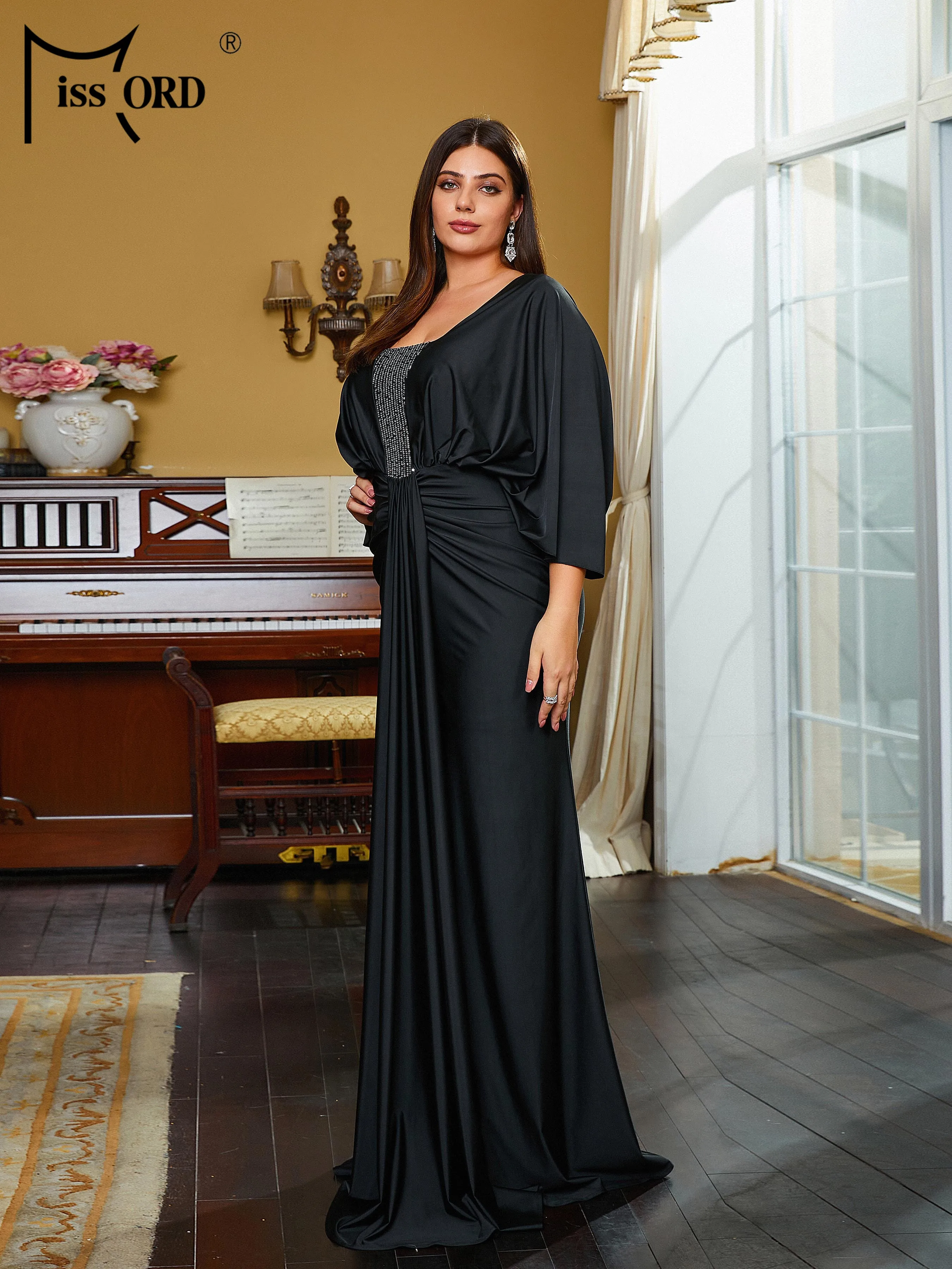 Missord New Plus Size Chic Elegant Ruched Black Floor Length Prom Formal Occasion Dresses