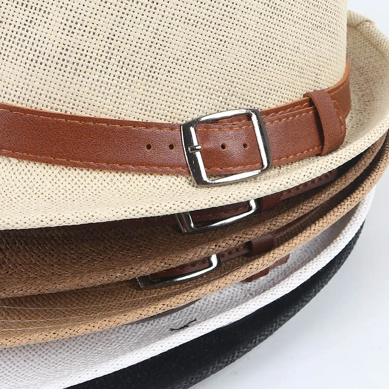 Summer Sun Cap Fedora Hat With Belt Men 2024 Short Sleeve Casual Beach Sombrero Hombre Paper Panama Cap Black White