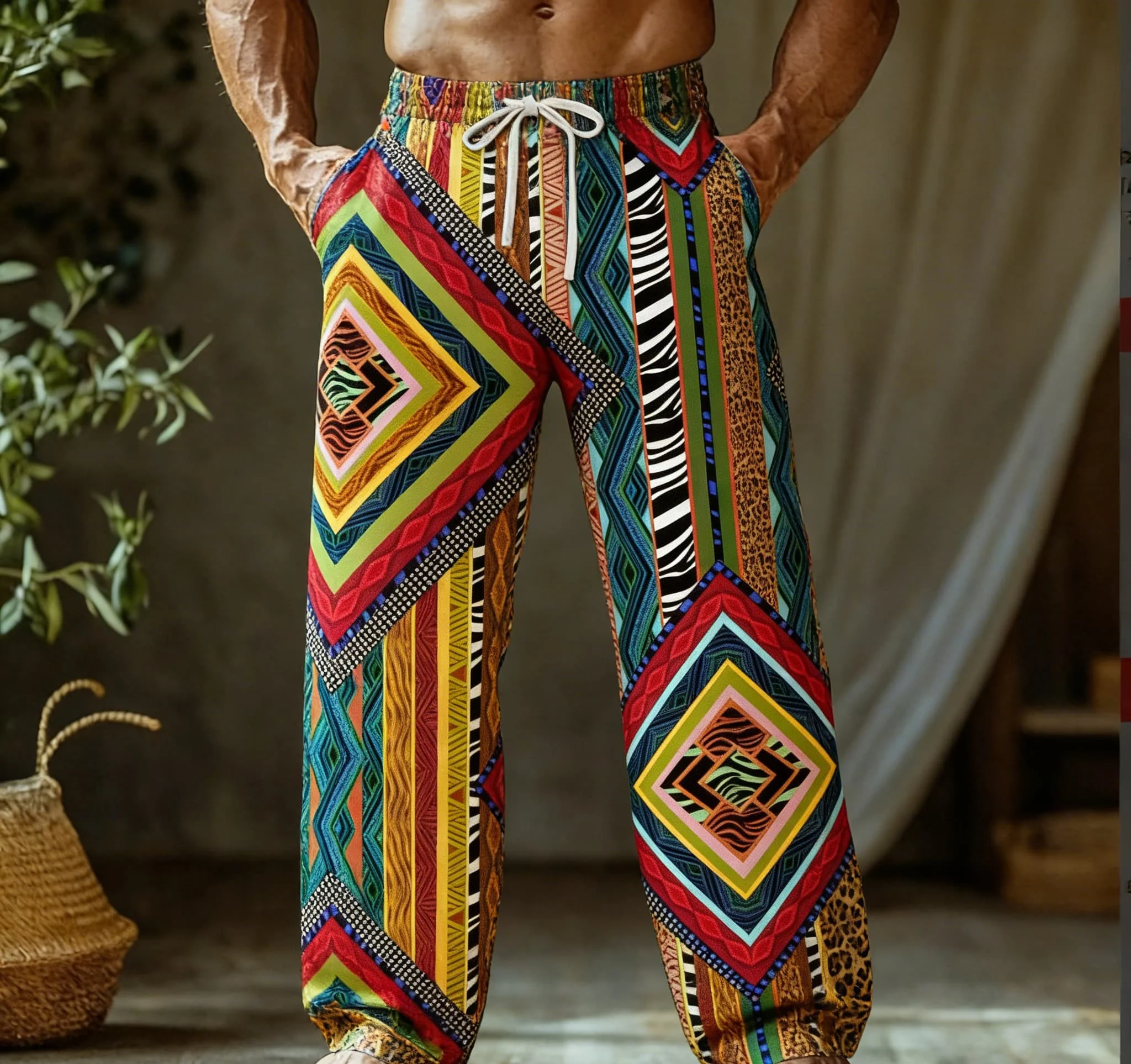 Men's Summer Thin Quick-Dry Hawaiian Beach Pants with Tribal Pattern and Retro Artistic Print