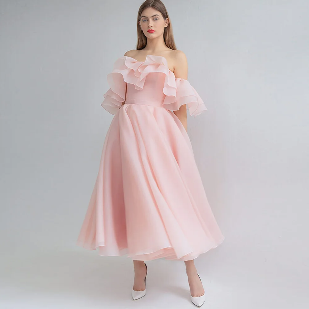

Customized Formal Organza A-Line Evening Dress Off the Shoulder Backless Prom Dresses Short Sleeves Ankle Length Party Dress
