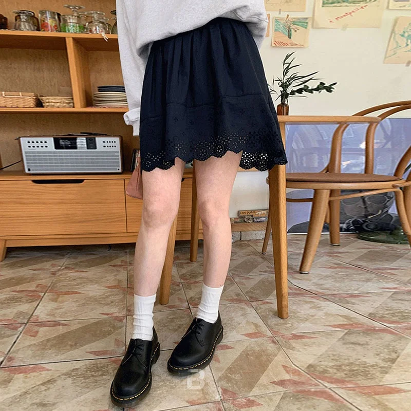 Chic High Waist Lace Hollow out A-Line  Skirt ort Skirt Sweet Youthful Slimming Splice Spring Season Women's Faion