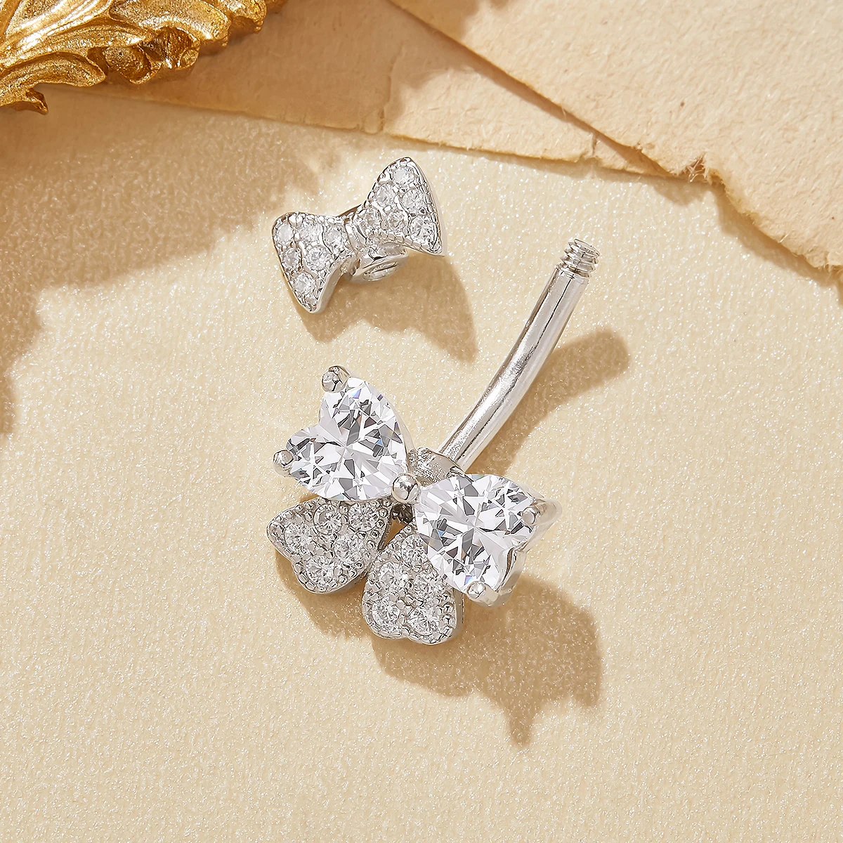 Two Hearts Bowknot CZ Stone Belly Button Ring Belly Piercing Navel Bar Curved Barbell Solid 925 Sterling Silver 6770007