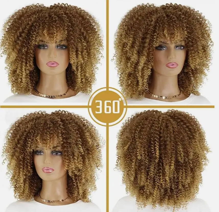 Peruca Curta Loira Afro Kinky Curly para Mulheres, Peruca Loira Castanha Misturada, Peruca de Cabelo Sintético