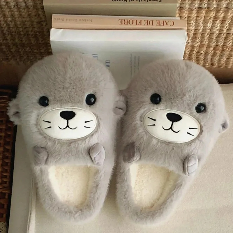 

Cute Cartoon Seal Indoor Fluffy Slippers For Women Men Winter House Shoes Soft Plush Anti-slip Lovers Home Floor Cotton Slides
