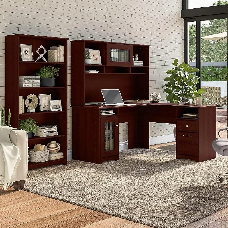 Cabot 60W L Shaped Computer Desk with Hutch and 5 Shelf Bookcase in Harvest Cherry