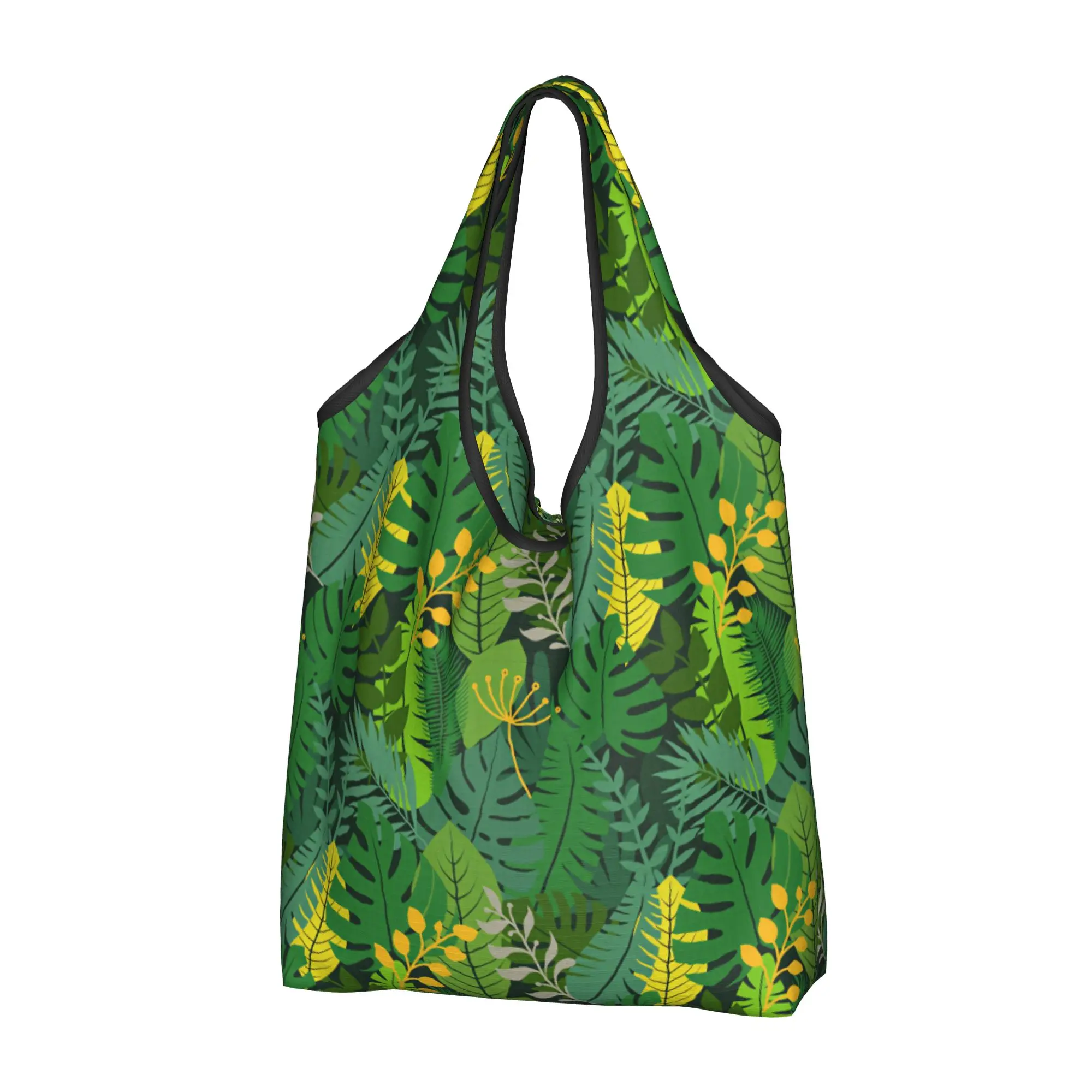 Custom Palm Leaves And Flowers Tropical Plants Shopping Bag Women Portable Large Capacity Groceries  Shopper Tote Bags