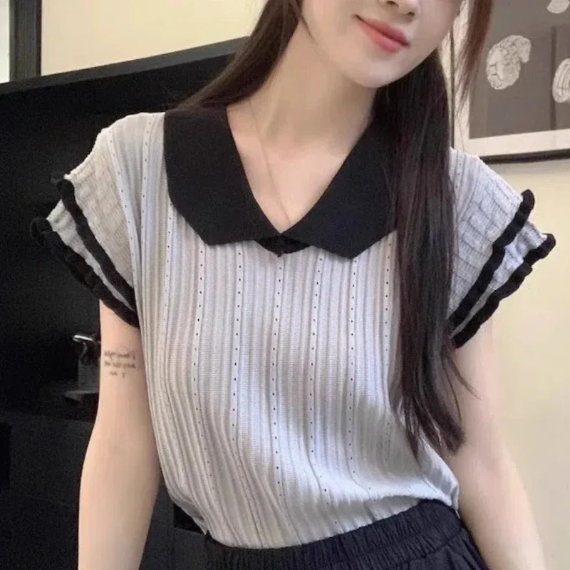 

Korean Fashion Summer T-Shirts Women's V-Neck Contrast Color Flying Sleeve Temperament Casual Loose Short Sleeve Knitting Tops