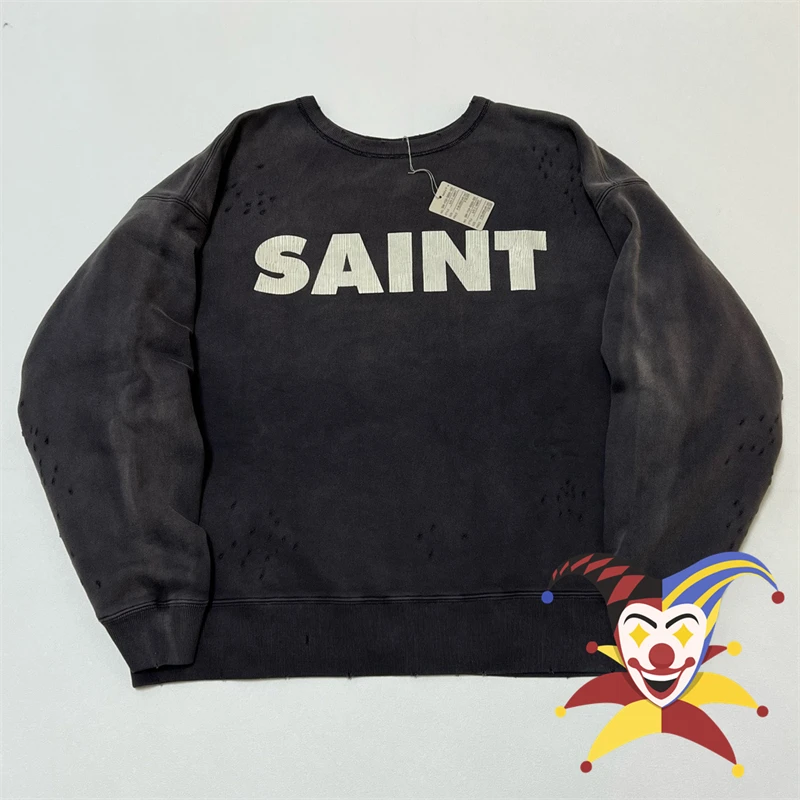 Tear Logo Print SAINT Sweatshirts Men Women 1:1 Best Quality Crewneck Heavy Fabric Unisex Black Vintage Pullovers