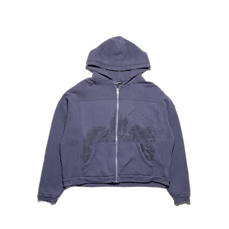 

High Street Loose Casual Men Women Best Quality Zip Sweatshirt Classic Pattern Print ERD Vintage Washed Purple Hoodie Jacket