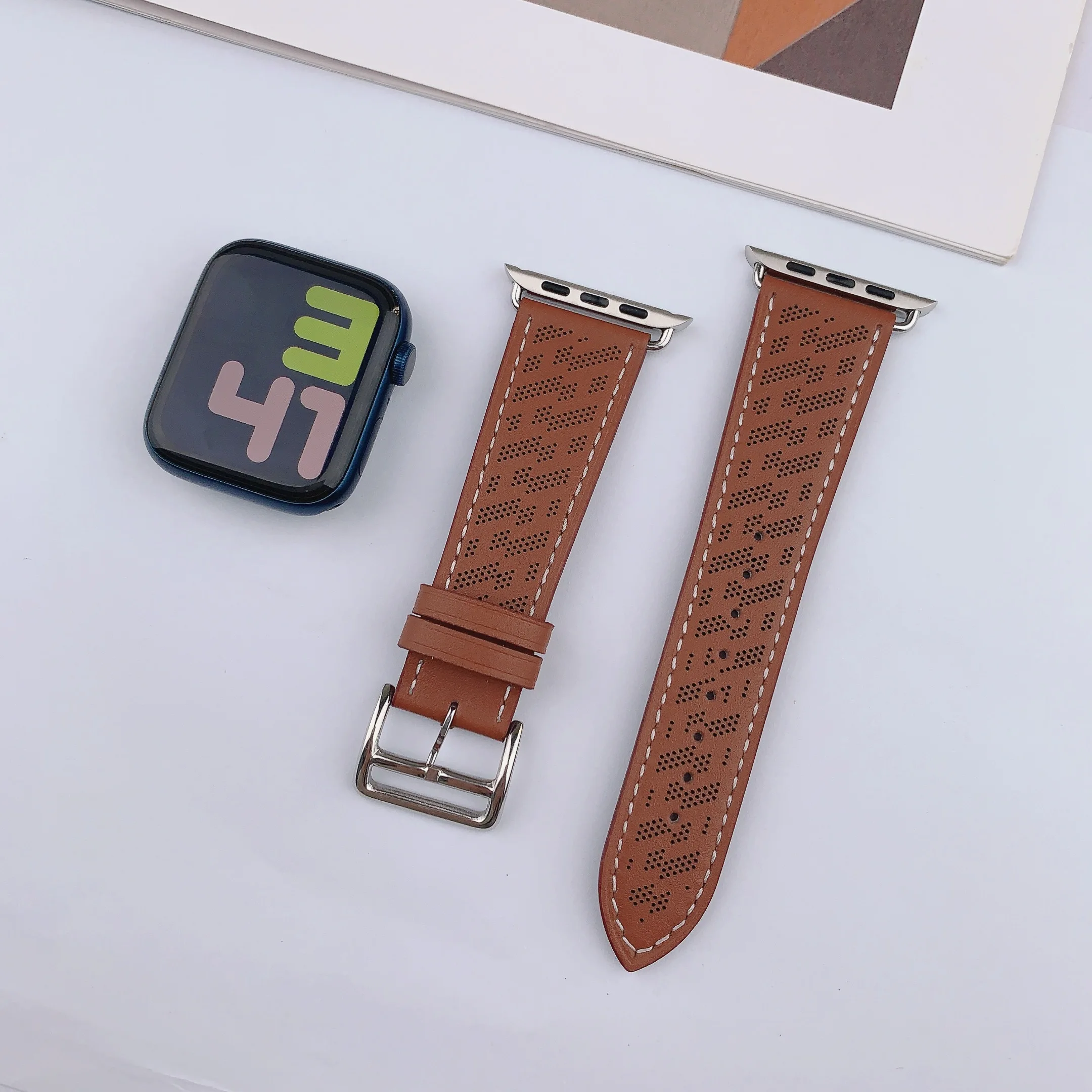 Pulseira de couro respirável para apple watch band 45mm 44mm 42mm 38mm 49mm correa relógio inteligente pulseira iwatch série ultra 6 se 7 8