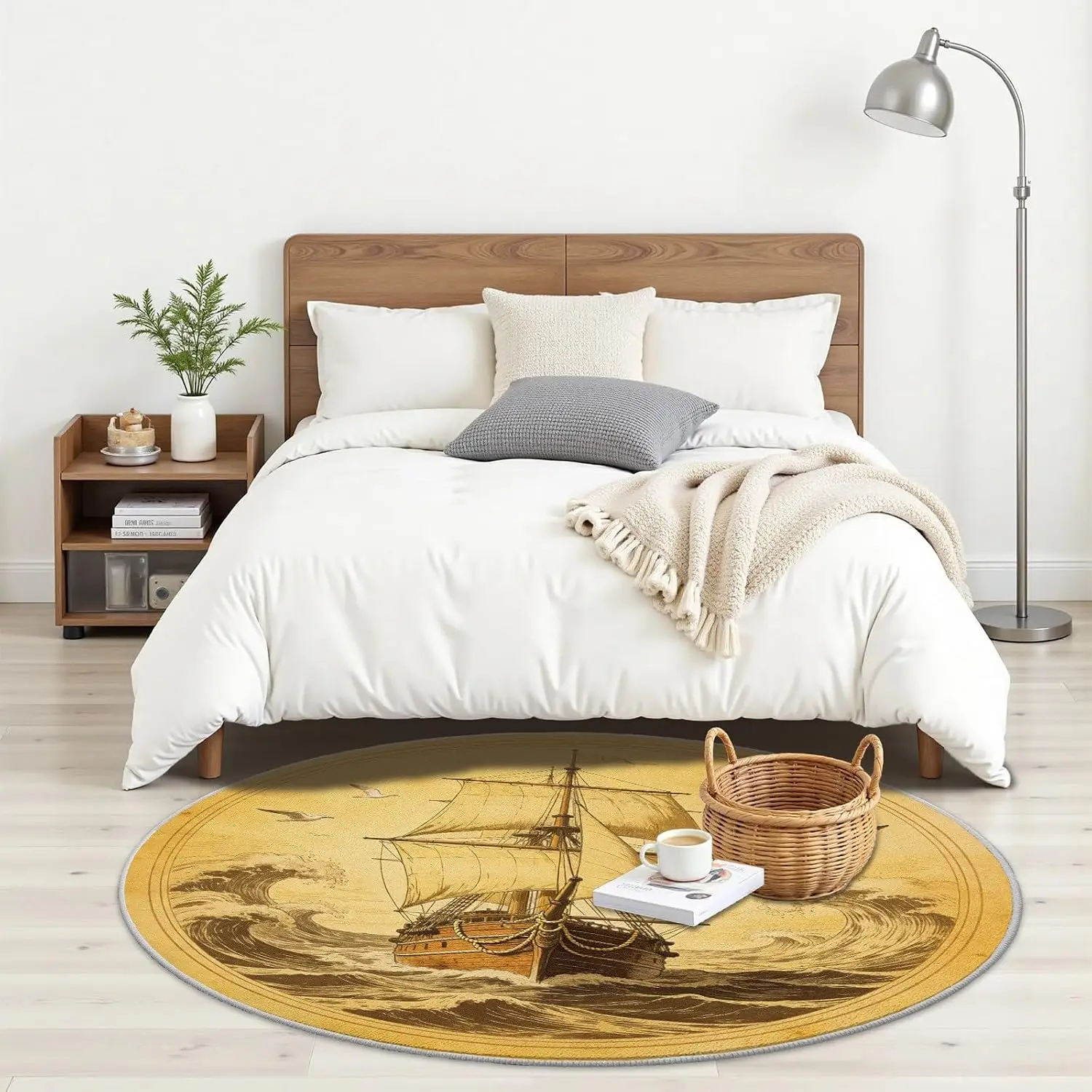 Nautical Sailing Ship Rug Vintage Ocean Style Polyester Circle Area Mat for Living Room and Hallway Waterproof Home Decor Access
