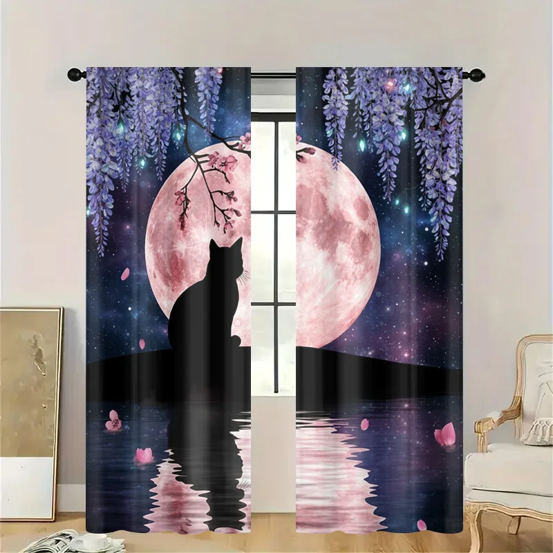 Celestial Full Moon Night Sky Curtains Aesthetic Cat Silhouette Cosmic Galaxy Window Curtain Shower Curtain Decoration Panel