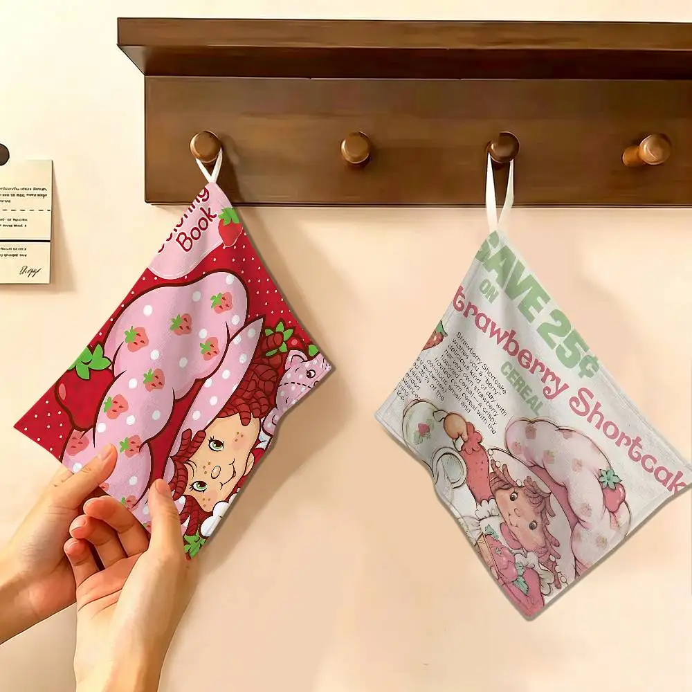 Animated Strawberry Shortcake Polyester Cotton Hanging Kitchen Towel, Soft Hand Wiping Towel, Reusable for Kitchen Bathroom Home