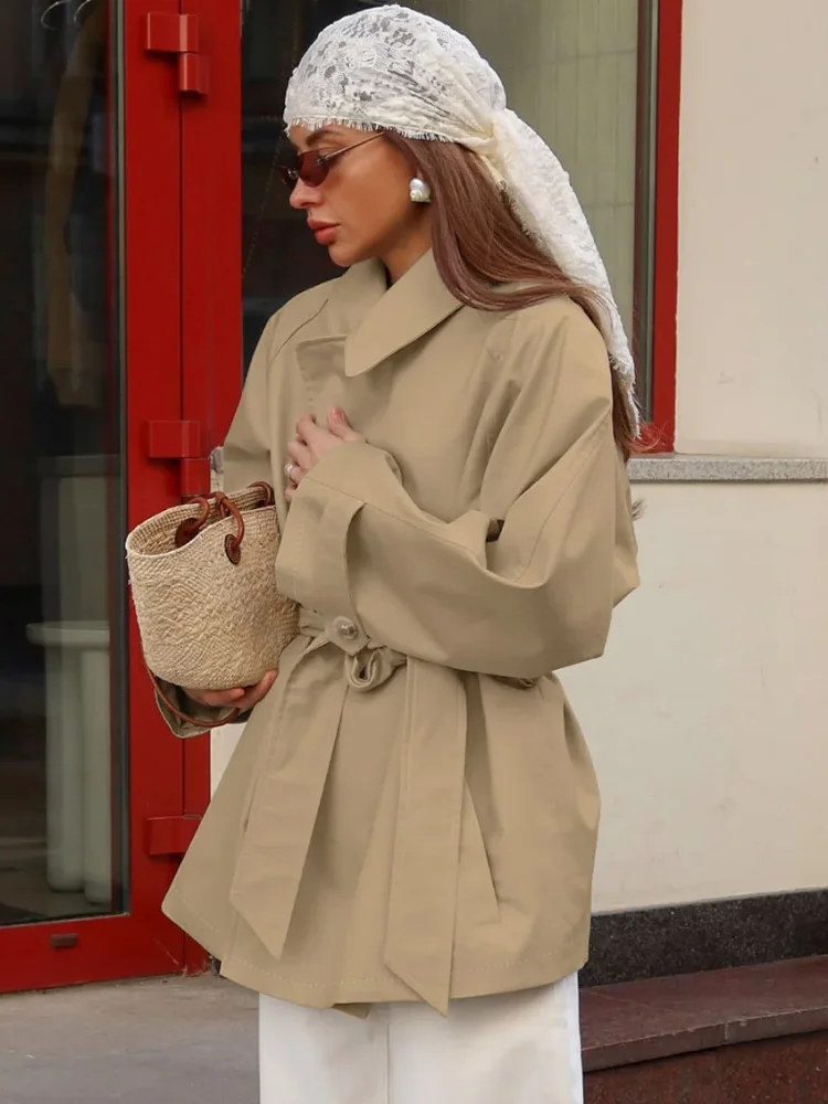 

Chic Lace Up Short Trench Coat Women Fashion Solid Lapel Long Sleeve Double-breasted Loose Windbreaker Autumn Lady Street Outfit