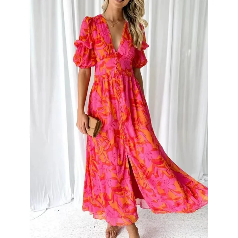 

TOY-2025New Arrival In Stock Women's Short Sleeve Puff SleeveVButton Collar Fashionable Elegant Long Dress